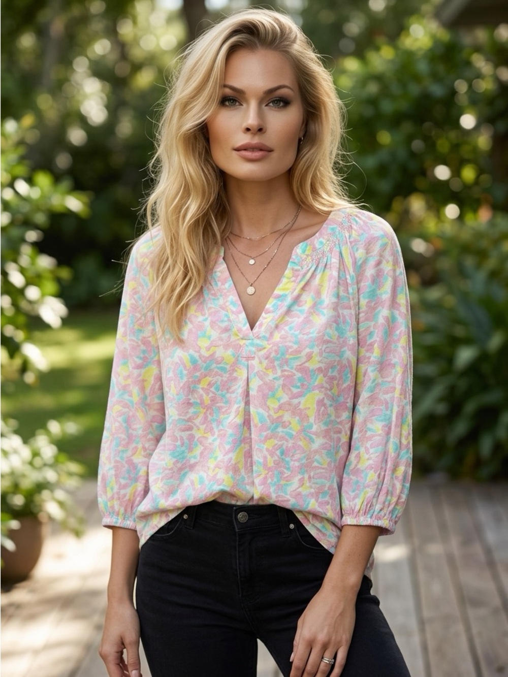 Crown & Ivy Pastel Floral V-Neck Blouse - Pink, Mint, Yellow - Picture 9 of 9